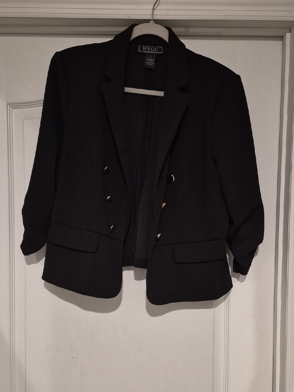 New York & Company Black Double-Breasted Cropped Blazer with Gold Buttons
